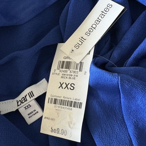 Bar III XX-Small Top Tie V-Neck Long Balloon Sleeves Curved Hem Blue New - Picture 6 of 8
